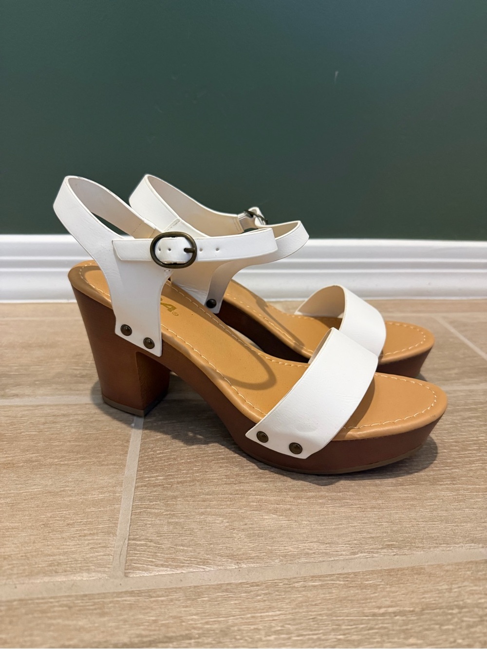 Soda White Platform Heel Sandals with Brown Block Heel
